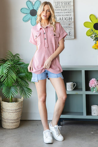 Shop Reborn J Half Button Short Sleeve Top - High-Quality U.S. Made Women’s Fashion with Free & Fast Shipping