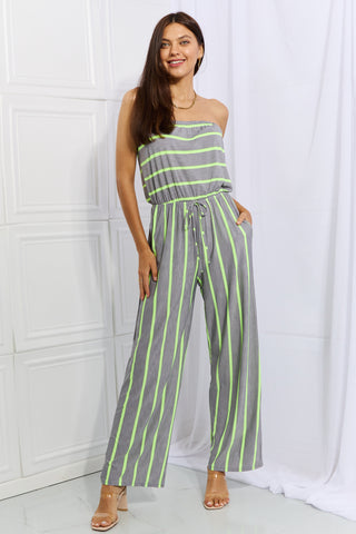 Shop Grey Neon Lime Sew In Love Pop Of Color Full Size Sleeveless Striped Jumpsuit - High-Quality U.S. Made Women’s Fashion with Free & Fast Shipping