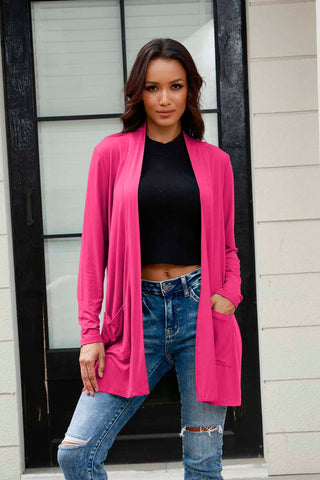 Shop Hot Pink Basic Bae Full Size Open Front Long Sleeve Cardigan with Pockets - High-Quality U.S. Made Women’s Fashion with Free & Fast Shipping