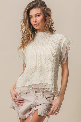 Shop BiBi Layered Pleat Chiffon Edge Cable Knit Top - High-Quality U.S. Made Women’s Fashion with Free & Fast Shipping