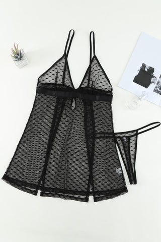 Shop Heart Print Slit Hem Babydoll Lingerie Set with Thong - High-Quality U.S. Made Women’s Fashion with Free Fast Shipping