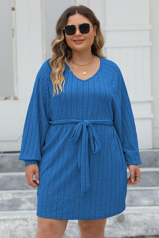 Shop Plus Size Ribbed Tie Front Long Sleeve Sweater Dress - High-Quality U.S. Made Women’s Fashion with Free & Fast Shipping