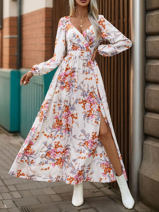 Shop White Perfee Slit Printed Surplice Long Sleeve Maxi Dress - High-Quality U.S. Made Women’s Fashion with Free & Fast Shipping