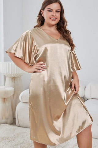 Shop Plus Size Flutter Sleeve V-Neck Side Slit Night Gown - High-Quality U.S. Made Women’s Fashion with Free Fast Shipping