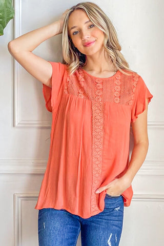 Shop And The Why Lace Detail Ruffle Short Sleeve Blouse - High-Quality U.S. Made Women’s Fashion with Free & Fast Shipping