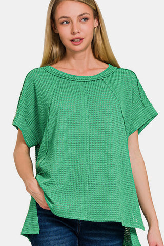 Shop K Green Zenana Waffle Exposed-Seam Short Sleeve T-Shirt - High-Quality U.S. Made Women’s Fashion with Free & Fast Shipping