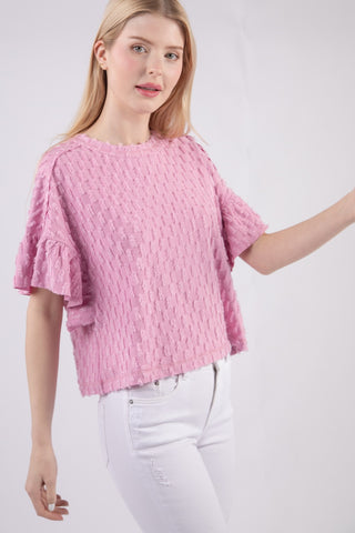 Shop VERY J Full Size Texture Ruffle Short Sleeve Top - High-Quality U.S. Made Women’s Fashion with Free & Fast Shipping