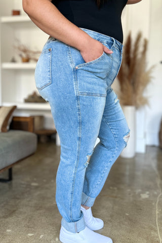 Shop Judy Blue Full Size Distressed Straight Jeans with Patch Pockets - High-Quality U.S. Made Women’s Fashion with Free & Fast Shipping