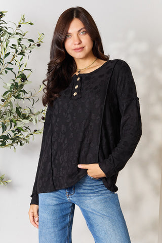 Shop Black BOMBOM Textured Exposed Seam Buttoned Blouse - High-Quality U.S. Made Women’s Fashion with Free & Fast Shipping