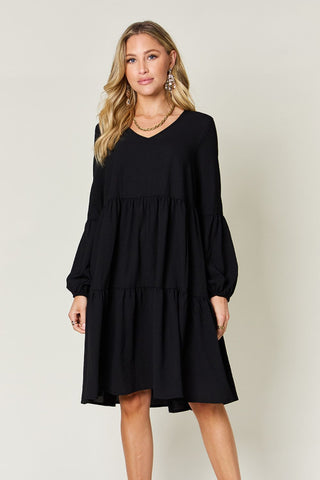 Shop Black Double Take Full Size V-Neck Balloon Sleeve Tiered Dress with Pockets - High-Quality U.S. Made Women’s Fashion with Free & Fast Shipping