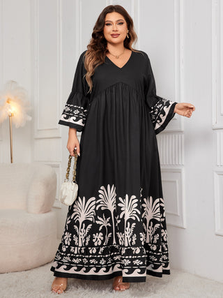 Shop Honey Plus Size Printed V-Neck Long Sleeve Maxi Dress - High-Quality U.S. Made Women’s Fashion with Free Fast Shipping