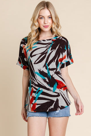 Shop BOMBOM Printed Round Neck Short Sleeve T-Shirt - High-Quality U.S. Made Women’s Fashion with Free & Fast Shipping