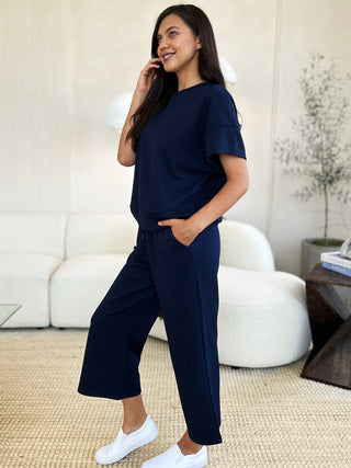 Shop Double Take Full Size Texture Short Sleeve Top and Pants Set - High-Quality U.S. Made Women’s Fashion with Free Fast Shipping