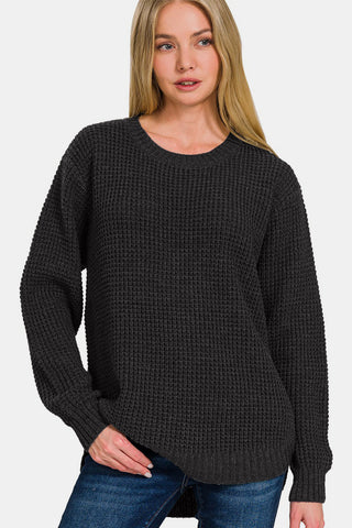 Shop Zenana High Low Long Sleeve Waffle Sweater - High-Quality U.S. Made Women’s Fashion with Free & Fast Shipping