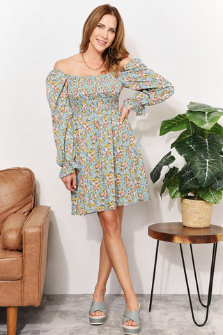 Shop Floral Smocked Flounce Sleeve Square Neck Dress - High-Quality U.S. Made Women’s Fashion with Free & Fast Shipping