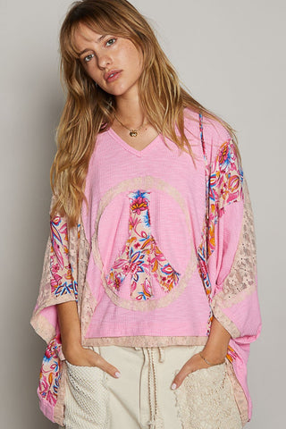 Shop Pink Blush POL V-Neck Floral Print Peace Patch Lace Hooded Top - High-Quality U.S. Made Women’s Fashion with Free & Fast Shipping