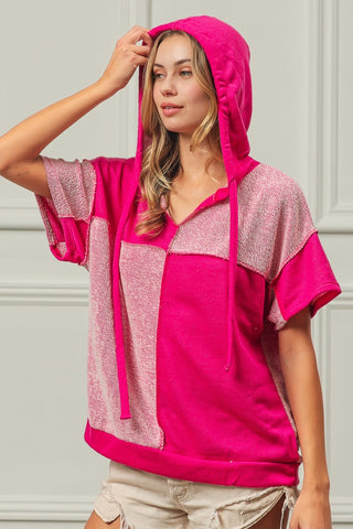 Shop FUCHSIA BiBi Color Block Exposed Seam Short Sleeve Hooded Top - High-Quality U.S. Made Women’s Fashion with Free & Fast Shipping