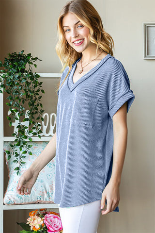 Shop Heimish Full Size Front Pocket Short Sleeve Ribbed Top - High-Quality U.S. Made Women’s Fashion with Free & Fast Shipping