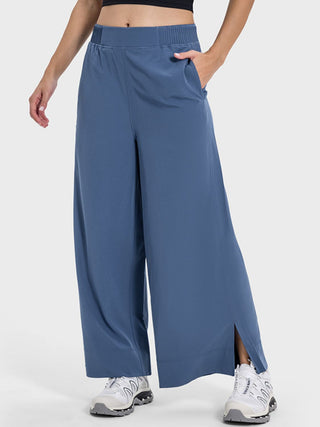 Shop Dusty Blue Slit Wide Leg Active Pants - High-Quality U.S. Made Women’s Fashion with Free & Fast Shipping