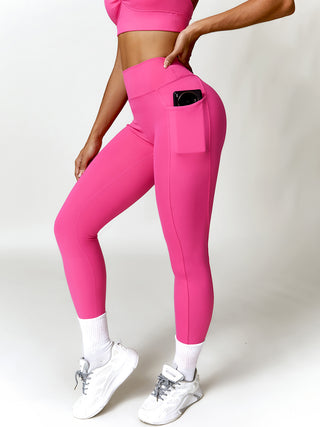 Shop Hot Pink Ruched Pocketed High Waist Active Leggings - High-Quality U.S. Made Women’s Fashion with Free & Fast Shipping