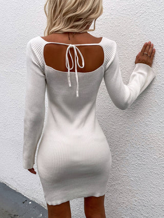 Shop Tie Back Square Neck Long Sleeve Sweater Dress - High-Quality U.S. Made Women’s Fashion with Free Fast Shipping