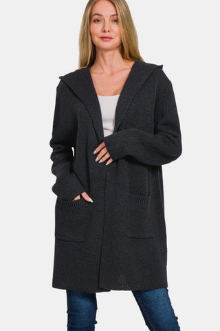 Shop Black Zenana Hooded Open Front Sweater Cardigan - High-Quality U.S. Made Women’s Fashion with Free & Fast Shipping