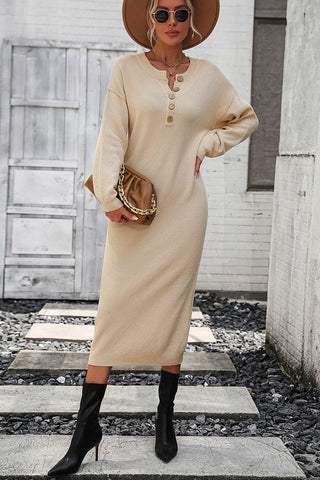 Shop Notched Neck Dropped Shoulder Button-Down Midi Dress - High-Quality U.S. Made Women’s Fashion with Free Fast Shipping