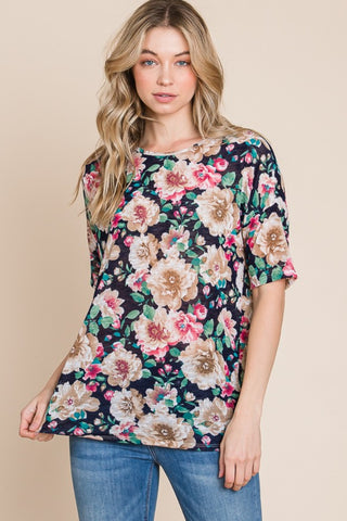 Shop BOMBOM Floral Round Neck T-Shirt - High-Quality U.S. Made Women’s Fashion with Free & Fast Shipping