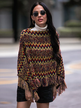 Shop Fringe Hem Boat Neck Poncho - High-Quality U.S. Made Women’s Fashion with Free Fast Shipping