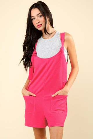 Shop Hot Pink VERY J Tie Shoulder Front Pocket Romper - High-Quality U.S. Made Women’s Fashion with Free & Fast Shipping