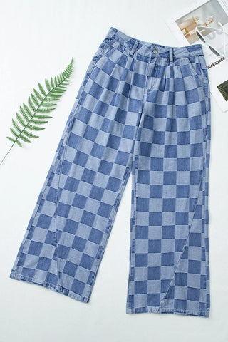 Shop Checkered Wide Leg Jeans with Pockets - High-Quality U.S. Made Women’s Fashion with Free & Fast Shipping