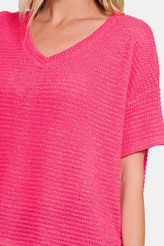 Shop Zenana Drop Shoulder Short Sleeve Jacquard Knit Top - High-Quality U.S. Made Women’s Fashion with Free & Fast Shipping