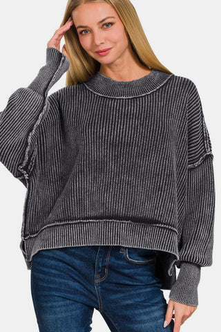 Shop Zenana Exposed Seam Round Neck Dropped Shoulder Sweater - High-Quality U.S. Made Women’s Fashion with Free & Fast Shipping