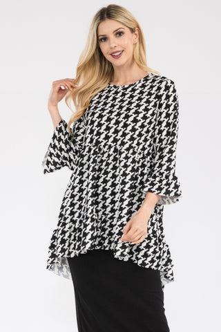 Shop Black Celeste Full Size Houndstooth Flounce Sleeve High-Low Top - High-Quality U.S. Made Women’s Fashion with Free & Fast Shipping