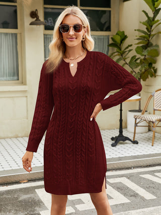 Shop Wine Notched Neck Cable-Knit Slit Sweater Dress - High-Quality U.S. Made Women’s Fashion with Free & Fast Shipping