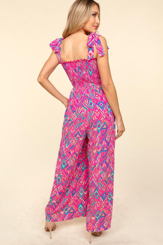 Shop Haptics Printed Smocked Sleeveless Jumpsuit - High-Quality U.S. Made Women’s Fashion with Free & Fast Shipping