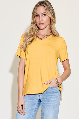 Shop Basic Bae Bamboo Full Size V-Neck High-Low T-Shirt - High-Quality U.S. Made Women’s Fashion with Free Fast Shipping