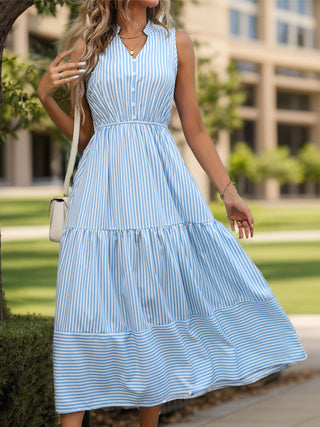 Shop Light Blue Striped Notched Sleeveless Midi Dress - High-Quality U.S. Made Women’s Fashion with Free & Fast Shipping