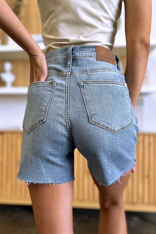 Shop Judy Blue Full Size High Waist Raw Hem Denim Shorts - High-Quality U.S. Made Women’s Fashion with Free & Fast Shipping