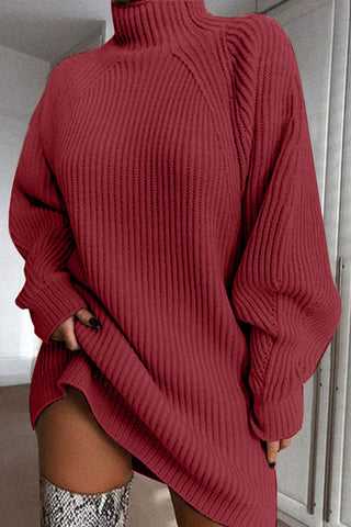 Shop Deep Red Mock Neck Dropped Shoulder Sweater Dress - High-Quality U.S. Made Women’s Fashion with Free & Fast Shipping