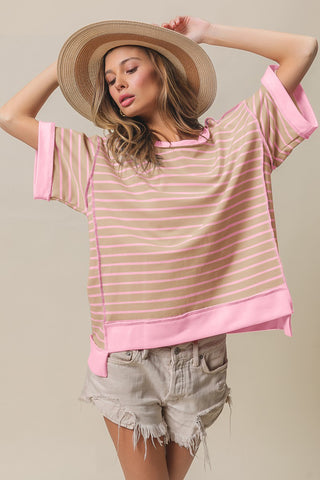 Shop Taupe Blush BiBi Exposed Seam Stripe Contrast T-Shirt - High-Quality U.S. Made Women’s Fashion with Free & Fast Shipping