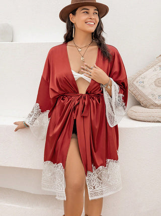 Shop Plus Size Lace Patchwork Tie Front Robe - High-Quality U.S. Made Women’s Fashion with Free & Fast Shipping