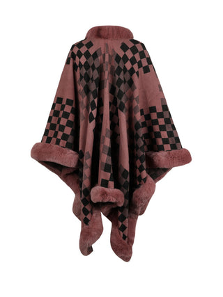 Shop Checkered Faux Fur Trim Poncho - High-Quality U.S. Made Women’s Fashion with Free & Fast Shipping