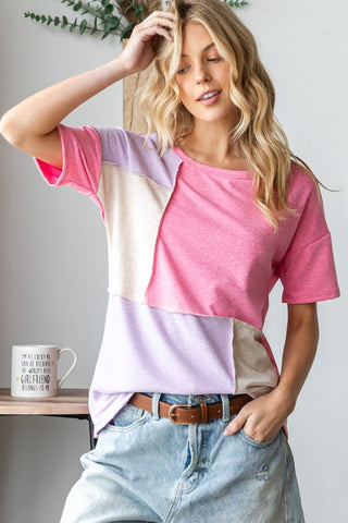 Shop Pink HOPELY Full Size Color Block Exposed Seam T-Shirt - High-Quality U.S. Made Women’s Fashion with Free & Fast Shipping