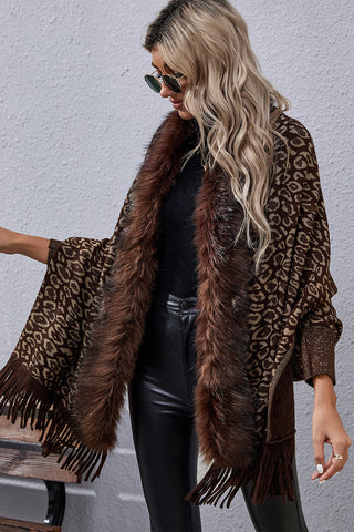 Shop Leopard Fringe Detail Poncho - High-Quality U.S. Made Women’s Fashion with Free Fast Shipping