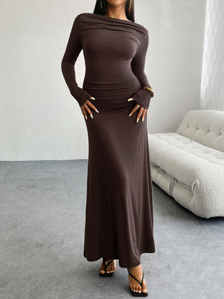 Shop Coffee Brown Devine Ruched Long Sleeve Maxi Dress - High-Quality U.S. Made Women’s Fashion with Free & Fast Shipping