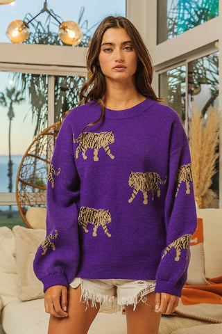 Shop BiBi Tiger Pattern Long Sleeve Sweater - High-Quality U.S. Made Women’s Fashion with Free Fast Shipping