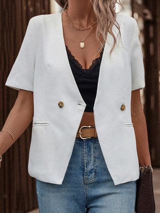 Shop White Two-Button Short Sleeve Pocket Blazer - High-Quality U.S. Made Women’s Fashion with Free & Fast Shipping