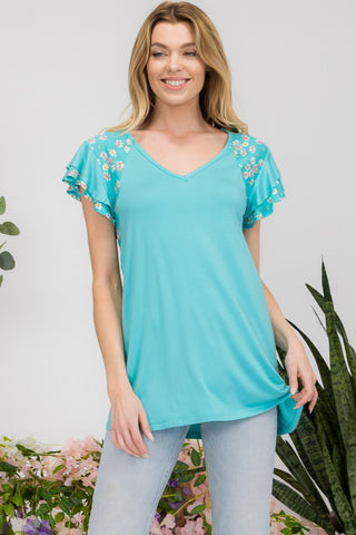 Shop Mint Floral Celeste Full Size Floral Contrast Short Sleeve Top - High-Quality U.S. Made Women’s Fashion with Free & Fast Shipping