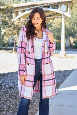 Shop Carnation Pink Double Take Full Size Plaid Button Up Lapel Collar Coat - High-Quality U.S. Made Women’s Fashion with Free & Fast Shipping